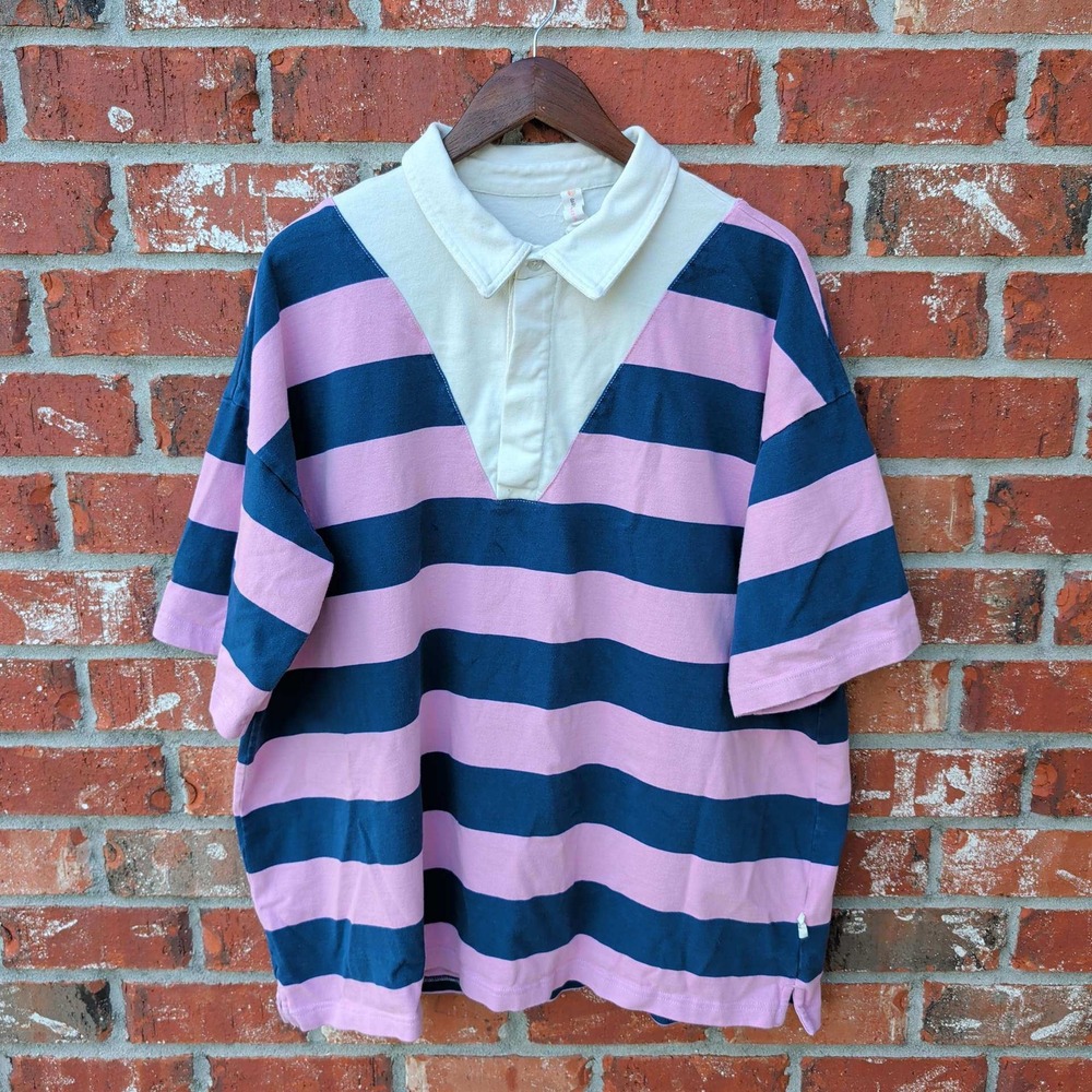 Daily Practice Rugby Shirt Mens Medium Pink Navy Striped Short Sleeve Oversized